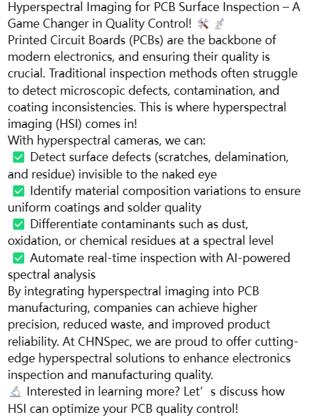 hangzhoucaipu's tweet photo. Hyperspectral Imaging for PCB Surface Inspection
#HyperspectralImaging #PCBInspection #ElectronicsQuality #MachineVision #CHNSpec https://t.co/uZfbCaB7sd