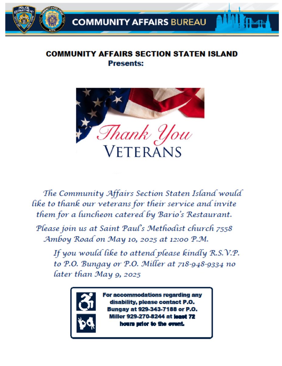 The Community Affairs Section - Staten Island would like to thank our veterans for their service and invite them to a Veterans Luncheon at 7558 Amboy Road this  Saturday May 10th from 12:00 - 3pm. If you would like to attend please R.S.V.P. to the below number.