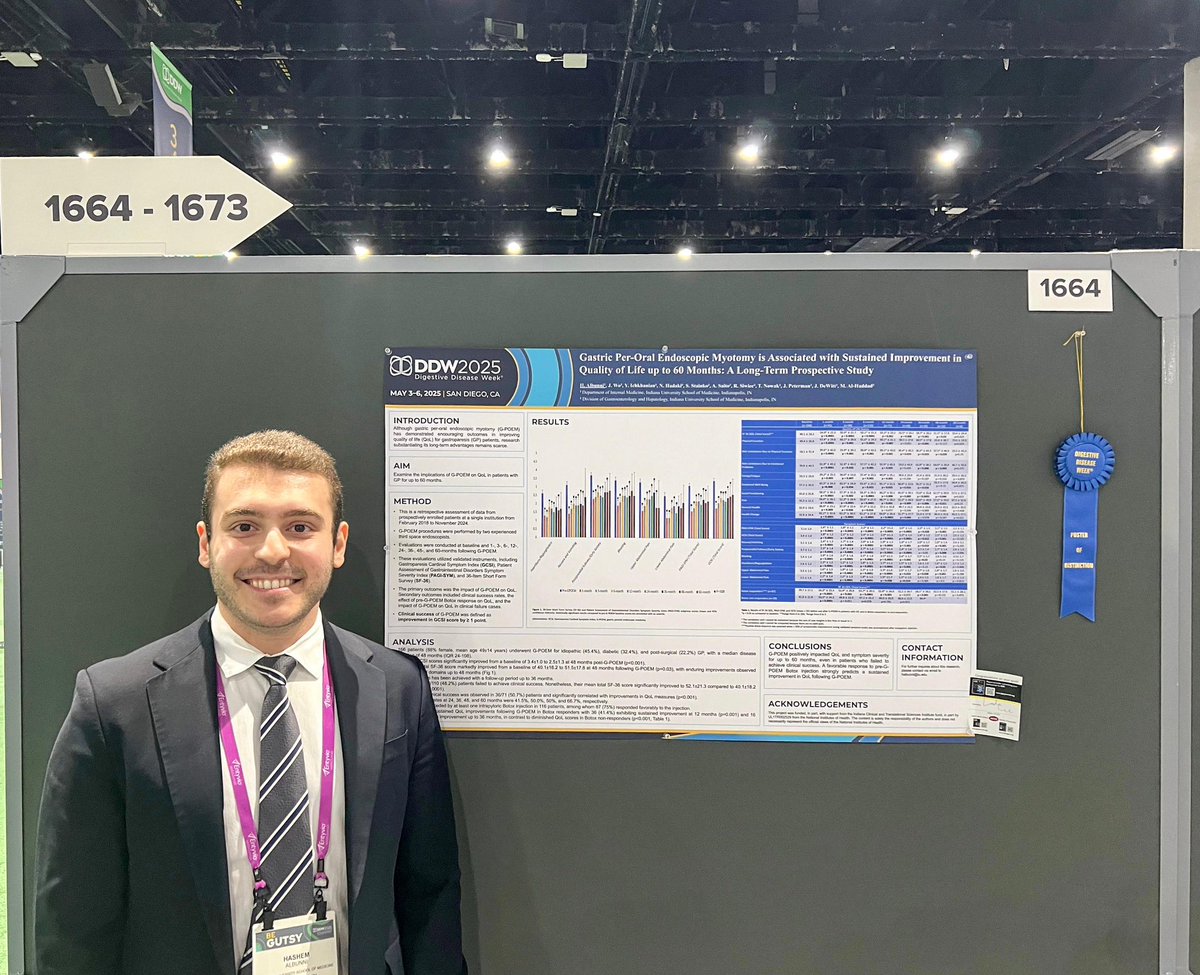 Hashem Albunni (@albunnihashem) on Twitter photo Thrilled to have attended #DDW2025 in San Diego and honored to receive Poster of Distinction award! 🥇 Thankful for the support of my incredible mentors and the opportunity to engage with leading voices in GI! 💩
<a href="/alhaddad_mo/">Mohammad Al-Haddad, FASGE,FACG, AGAF</a> <a href="/IUGastro/">Indiana University Gastroenterology and Hepatology</a> <a href="/IUIntMed/">Indiana University Internal Medicine</a>
#MedTwitter #GITwitter Thrilled to have attended #DDW2025 in San Diego and honored to receive Poster of Distinction award! 🥇 Thankful for the support of my incredible mentors and the opportunity to engage with leading voices in GI! 💩
<a href="/alhaddad_mo/">Mohammad Al-Haddad, FASGE,FACG, AGAF</a> <a href="/IUGastro/">Indiana University Gastroenterology and Hepatology</a> <a href="/IUIntMed/">Indiana University Internal Medicine</a>
#MedTwitter #GITwitter