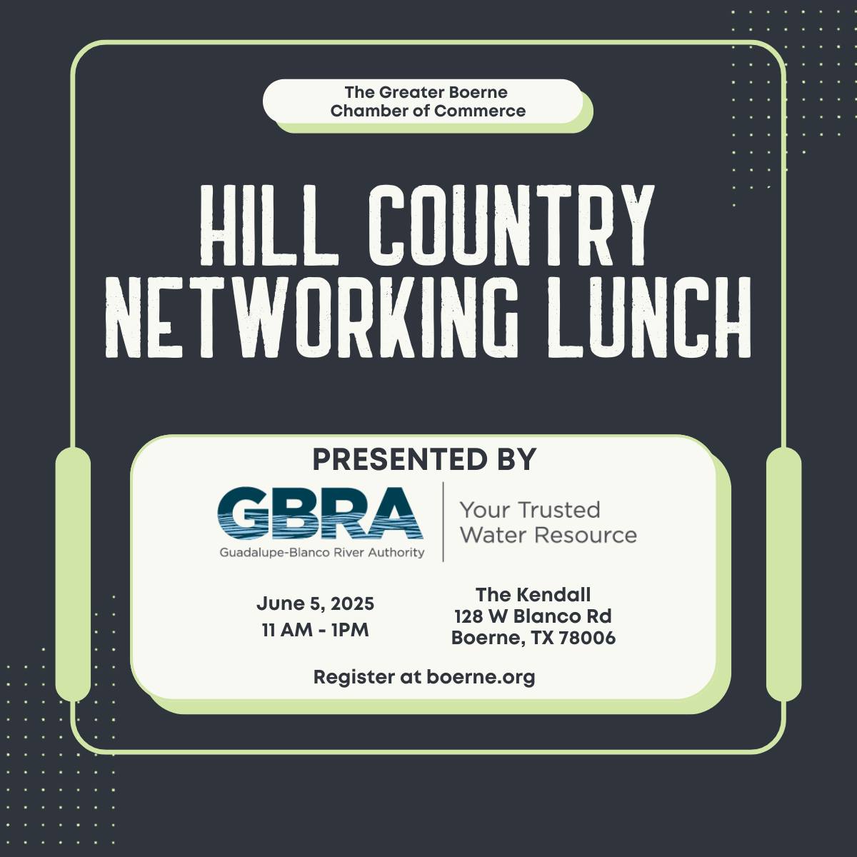 We are less than 1 month away! Join us for our next Hill Country Networking Luncheon presented by <a href="/GBRATX/">Guadalupe-Blanco River Authority</a> on Thursday, June 5th at 11am-1pm at The Kendall! 🤝

Register now by going here ➡️ bit.ly/4m2eGwD