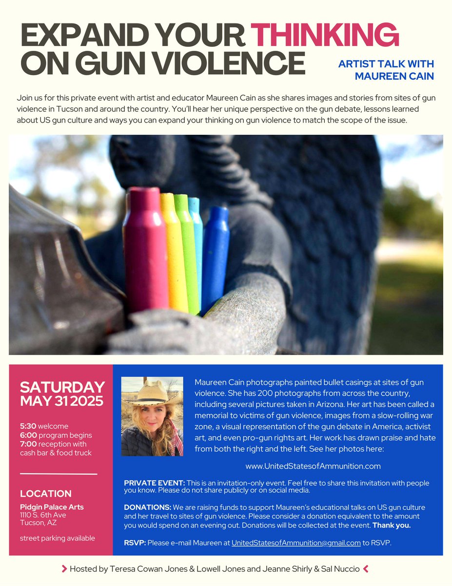 Mark your calendars for May 31st 🗓️👋

"Expand Your Thinking on Gun Violence", an artist talk with Maureen Cain in Tucson, AZ. RSVP via email.