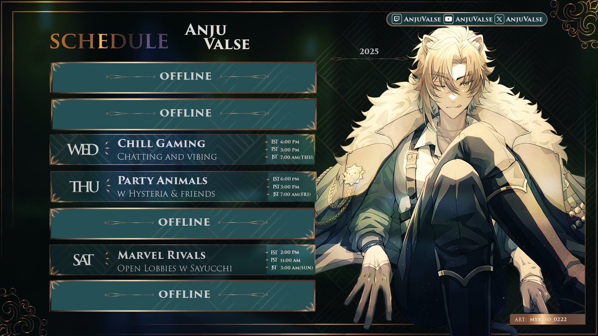Anju Valse 🦁「HYSTERIA」 (@anjuvalse) on Twitter photo This weeks schedule! (def not late again)🦁
Thursday we're gonna be throwing hands in party animals with a full lobby of beautiful nerds 🎉
Saturday I'll be running marvel open lobbies with <a href="/Sayucchidesu/">Sayucchi 🍡🌸 彩友ッチ vtuber【DEMI•PACT】</a> 🥃 slide through if you wanna run a few games with us! This weeks schedule! (def not late again)🦁
Thursday we're gonna be throwing hands in party animals with a full lobby of beautiful nerds 🎉
Saturday I'll be running marvel open lobbies with <a href="/Sayucchidesu/">Sayucchi 🍡🌸 彩友ッチ vtuber【DEMI•PACT】</a> 🥃 slide through if you wanna run a few games with us!