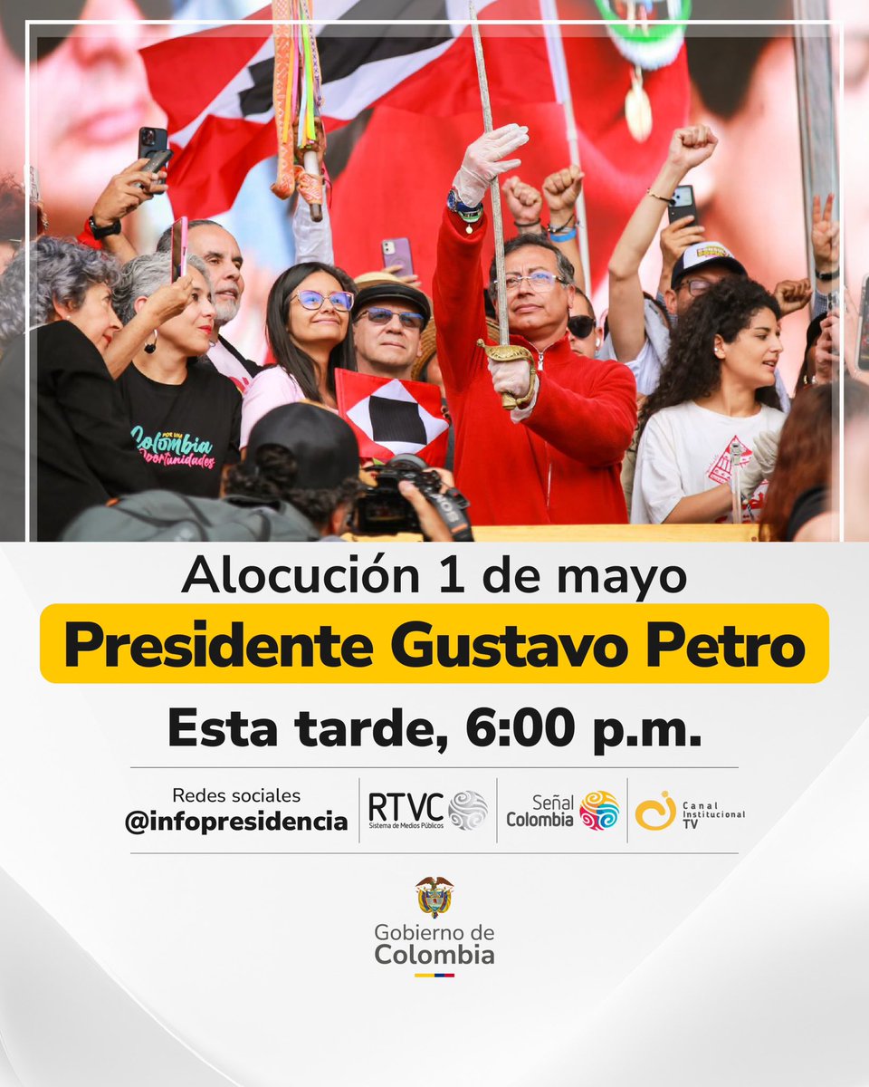 Presidencia Colombia 🇨🇴 (@infopresidencia) on Twitter photo Conéctate hoy a las 6:00 p.m. a la alocución del Presidente <a href="/petrogustavo/">Gustavo Petro</a>, conéctate con las palabras que el mandatario dirigió a los colombianos al radicar en el Congreso la Consulta Popular que busca dignificar los derechos laborales de todas y todos.
Te esperamos en los Conéctate hoy a las 6:00 p.m. a la alocución del Presidente <a href="/petrogustavo/">Gustavo Petro</a>, conéctate con las palabras que el mandatario dirigió a los colombianos al radicar en el Congreso la Consulta Popular que busca dignificar los derechos laborales de todas y todos.
Te esperamos en los