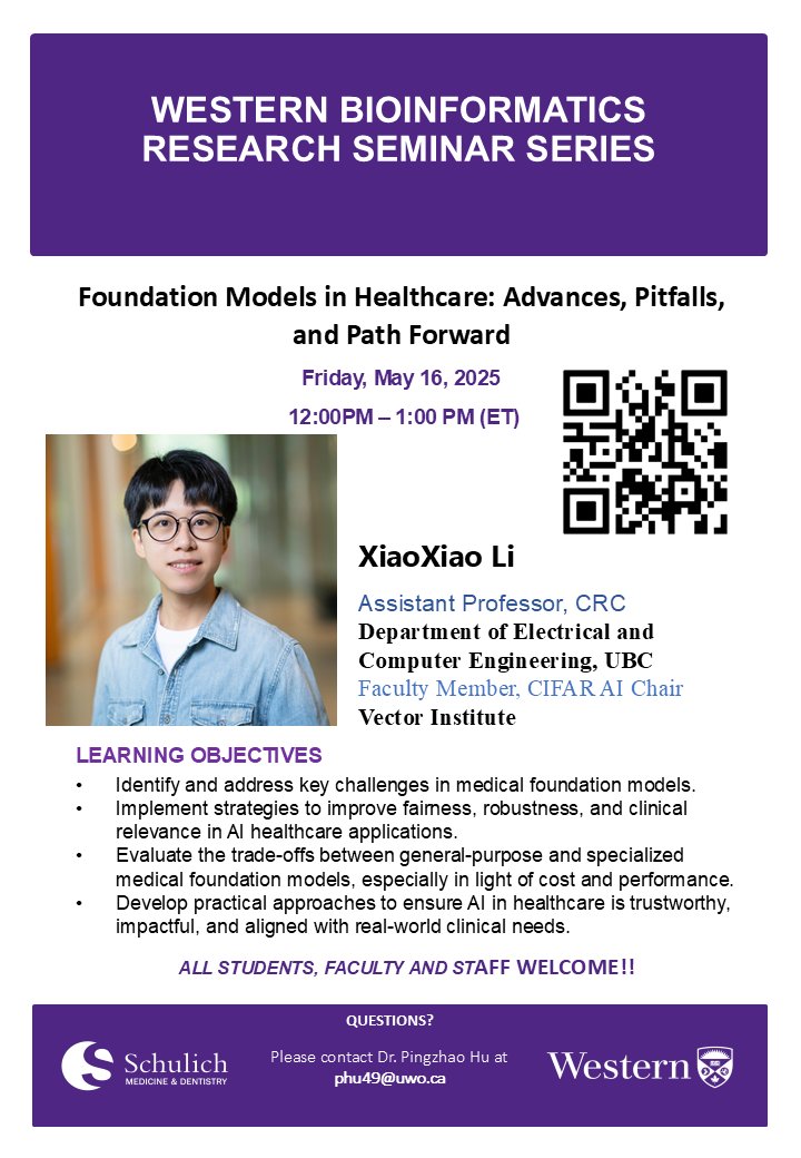 Western Bioinformatics (@westernbioinfo1) on Twitter photo Join us for the Western Bioinformatics Seminar on Friday, May 16, 2025, from 12:00 PM to 1:00 PM ET. Scan the QR code to access the Zoom link.
<a href="/XiaoxiaoLi8/">Xiaoxiao Li</a>,<a href="/WesternU/">Western University</a>, <a href="/SchulichMedDent/">Schulich WesternU</a>, <a href="/westernuBiochem/">Biochemistry</a>, <a href="/WesternU_CTCR/">CTCR</a>, <a href="/westernuepibio/">Western Epi&Biostats</a>, <a href="/UBC/">University of British Columbia</a>, <a href="/CIFAR_News/">CIFAR</a>, <a href="/VectorInst/">Vector Institute</a>, <a href="/CIHR_IRSC/">CIHR</a> Join us for the Western Bioinformatics Seminar on Friday, May 16, 2025, from 12:00 PM to 1:00 PM ET. Scan the QR code to access the Zoom link.
<a href="/XiaoxiaoLi8/">Xiaoxiao Li</a>,<a href="/WesternU/">Western University</a>, <a href="/SchulichMedDent/">Schulich WesternU</a>, <a href="/westernuBiochem/">Biochemistry</a>, <a href="/WesternU_CTCR/">CTCR</a>, <a href="/westernuepibio/">Western Epi&Biostats</a>, <a href="/UBC/">University of British Columbia</a>, <a href="/CIFAR_News/">CIFAR</a>, <a href="/VectorInst/">Vector Institute</a>, <a href="/CIHR_IRSC/">CIHR</a>