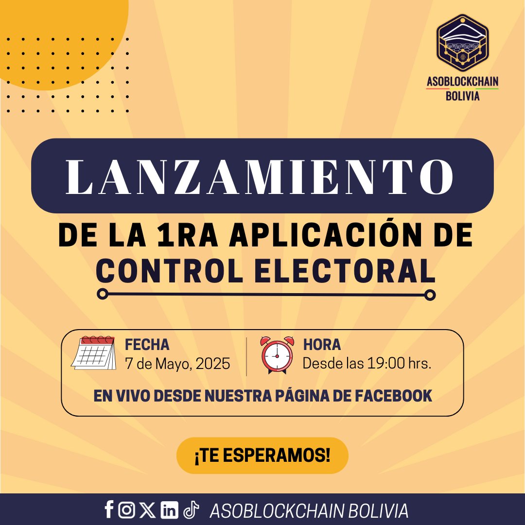 asoblockchainbo's tweet image. 🚨 ¡Mañana lanzamos la 1ra DApp de control electoral de 🇧🇴!
Conéctate este miércoles 7 a las 19:00 y conoce todo sobre esta innovación.

📍 Transmisión en vivo 👉 facebook.com/AsoBlockchainB…
¡No faltes! 🔥

#BlockchainBolivia #Web3 #AsoBlockchain #DAppElectoral