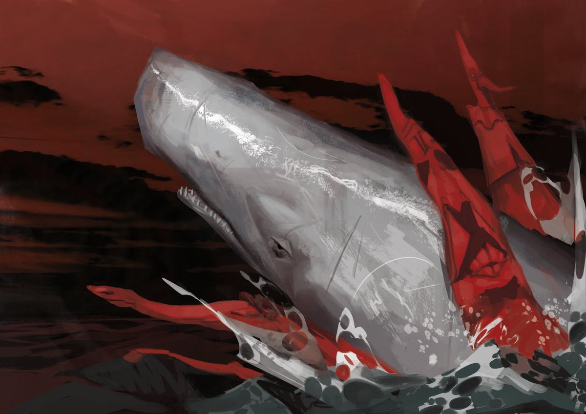 Rodameee's tweet image. he pitted himself, all mutilated, against it. All that most maddens and torments; all that stirs up the lees of things; all truth with malice in it; all that cracks the sinews and cakes the brain; all the subtle demonisms of life and thought; all evil...
 #conceptart #mobydick