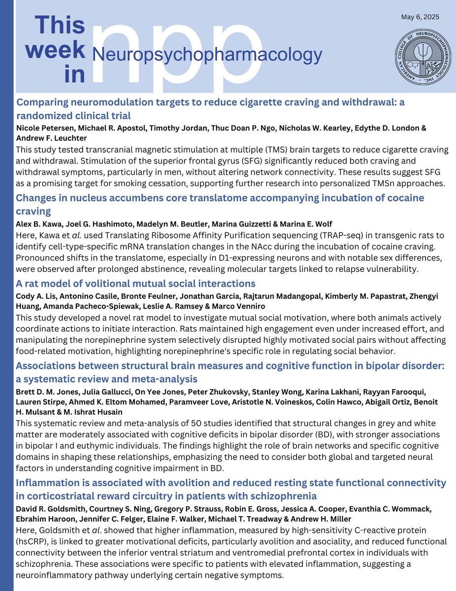 Tuesday is nearly over, but don't miss what's new #ThisWeekInNPP

See below for the latest on TMS for🚬craving, a novel🐀model of mutual social interaction, NAcc translatome changes from cocaine, inflammation &amp; reward, &amp;🧠changes &amp; cognitive function in bipolar disorder ⤵️