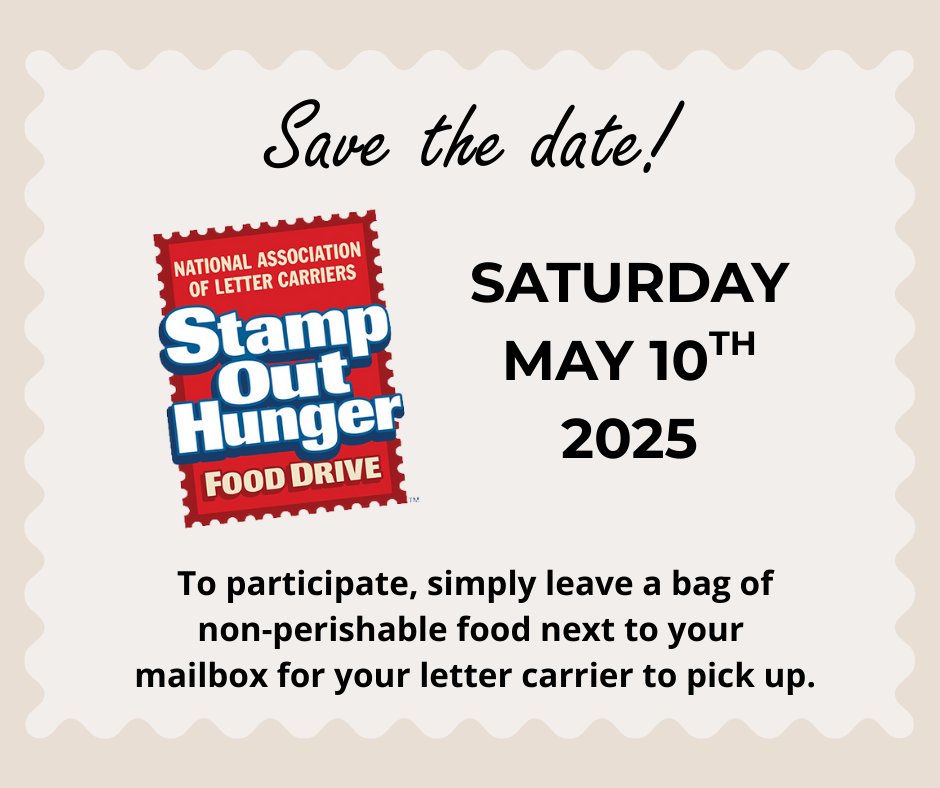 📬 <a href="/StampOutHunger/">Stamp Out Hunger®</a> is this Saturday, May 10!

Leave non-perishable food by your mailbox—your letter carrier will do the rest. 🥫

Top needs: peanut butter, canned proteins, pasta, low-sodium &amp; no-sugar-added items.

Thanks to <a href="/NALC_National/">Letter Carriers</a> for leading the charge!