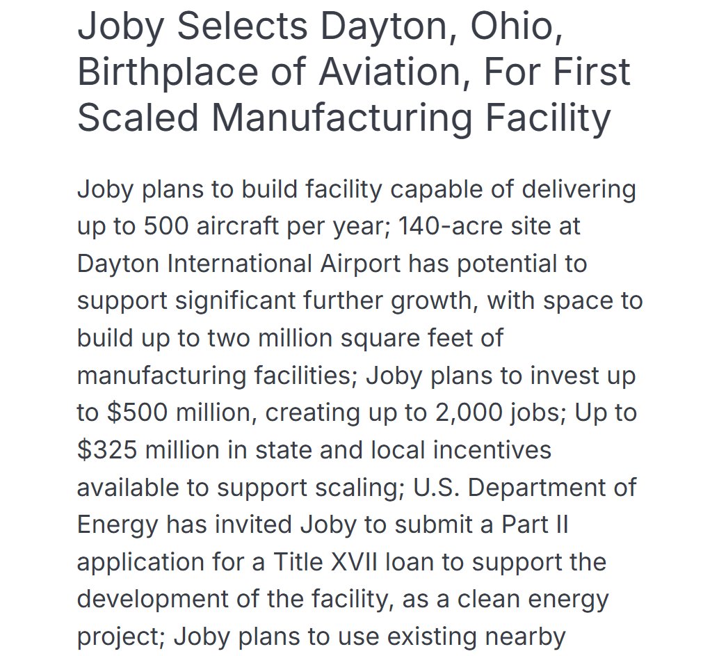 Joby is also constructing a massive manufacturing plant in Dayton, Ohio, where the first aircraft was invented. The plant alone will create 2,000 jobs.

Companies shouldn't just exist for profit. They should also exist to provide value to communities and uplift the country.