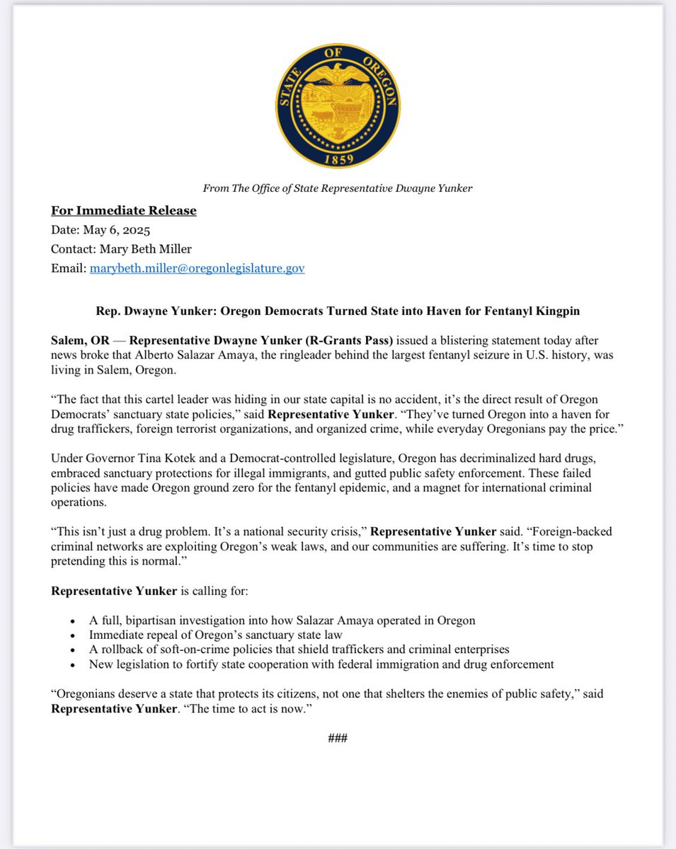 Under Governor Kotek and a Democrat-controlled legislature, Oregon has decriminalized hard drugs, embraced sanctuary protections for illegal immigrants, and gutted public safety enforcement. These failed policies have made Oregon ground zero for the fentanyl epidemic.