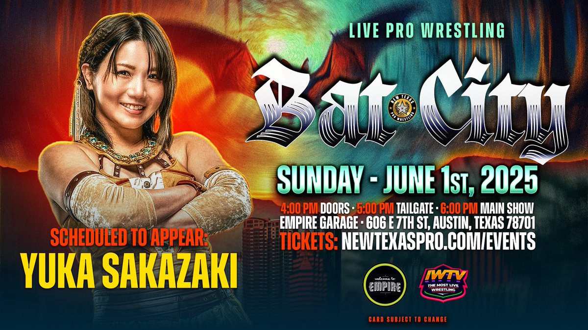 NewTexasPW's tweet image. ICYMI

@YukaSakazaki makes her New Texas debut on Sunday, June 1 live from @EmpireATX in Austin!!

Front Row is moving quick!!! Grab your seats TODAY!! 

#BatCity • 6/1 • 6PM
Empire Garage • Austin, TX

🎟️: NewTexasPro.Com/Events