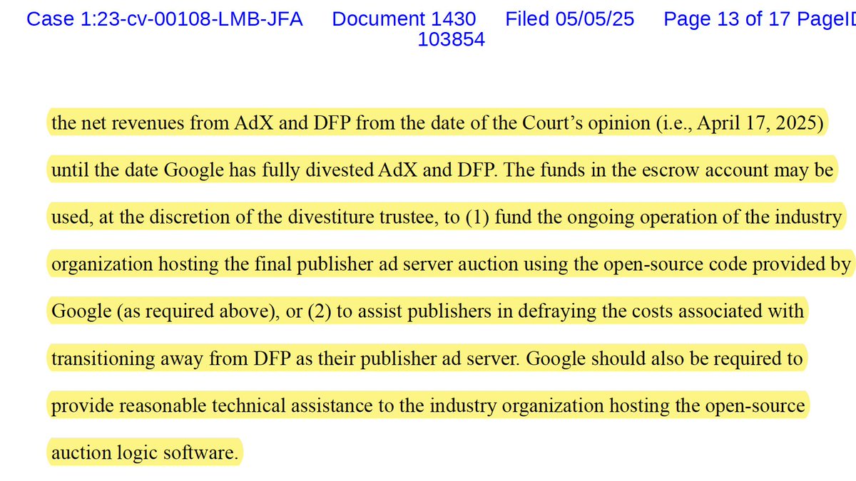 And then maybe my favorite gem, near the end, brilliantly and directly addresses Judge Brinkema's concerns she kicked off with on Friday. 
The harmed parties == Publishers. 
50% of Google's ongoing global sell-side adtech revenues in escrow for pubs + transition. Love. /11