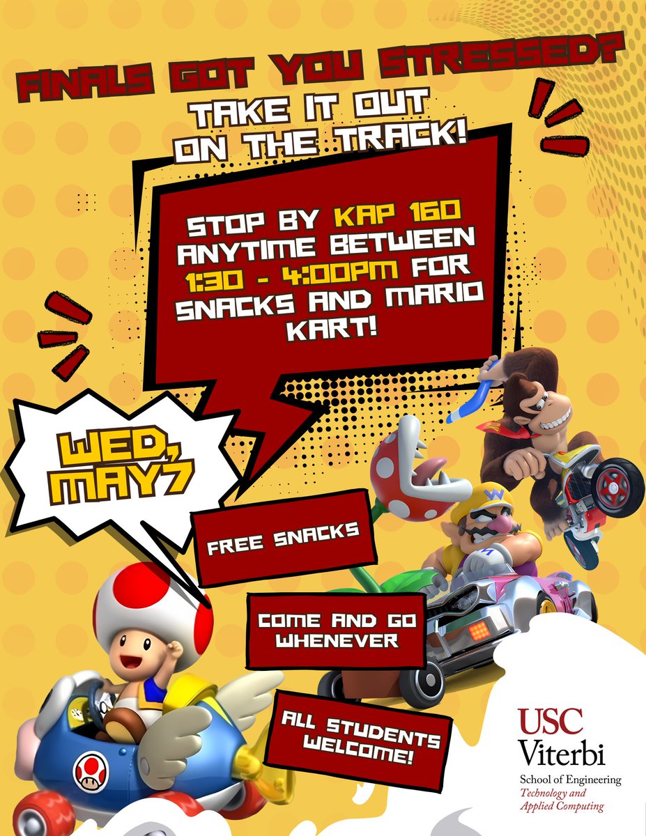 Feel free to swing by KAP-160 on Wednesday, May 7th, anytime between 1:30 &amp; 4:00pm if you need a fun way to take a break from finals. Come chill, get some free snacks, and play some Mario Kart!

All USC students welcome. Feel free to invite your non-TAC friends too!