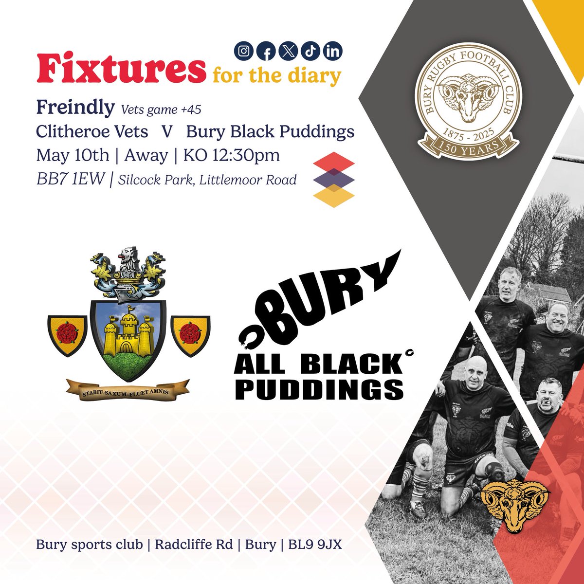 This weekends fixtures!

The all Bury Black Puddings +45s are away to Clitheroe vets📍 Littlemoor Rd, Clitheroe BB7 1EW ⏰ 12:30

All support welcome!

#rugby #rugbyunion #grassrootsrugby #bury