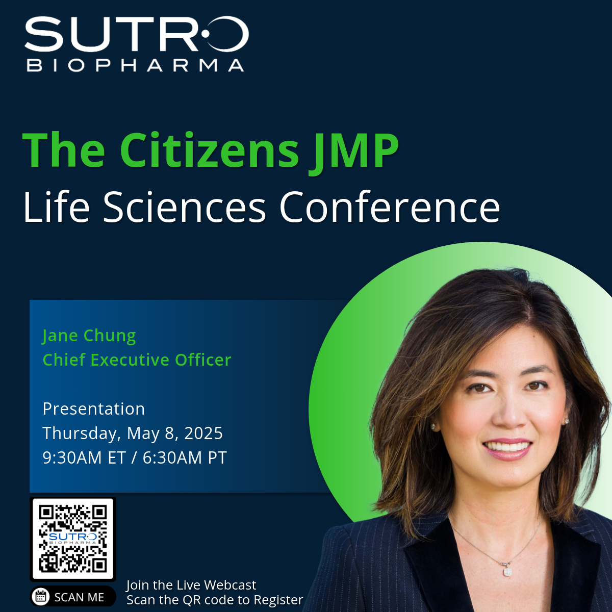 Pleased to announce, Jane Chung, CEO will participate in a Fireside Chat at The Citizens JMP Life Sciences Conference held Thursday, May 8th at 9:30AM ET / 6:30AM PT. Click the link to register and join the webcast: wsw.com/webcast/jmp65/…

#SutroBio $STRO #Biotech #FiresideChat