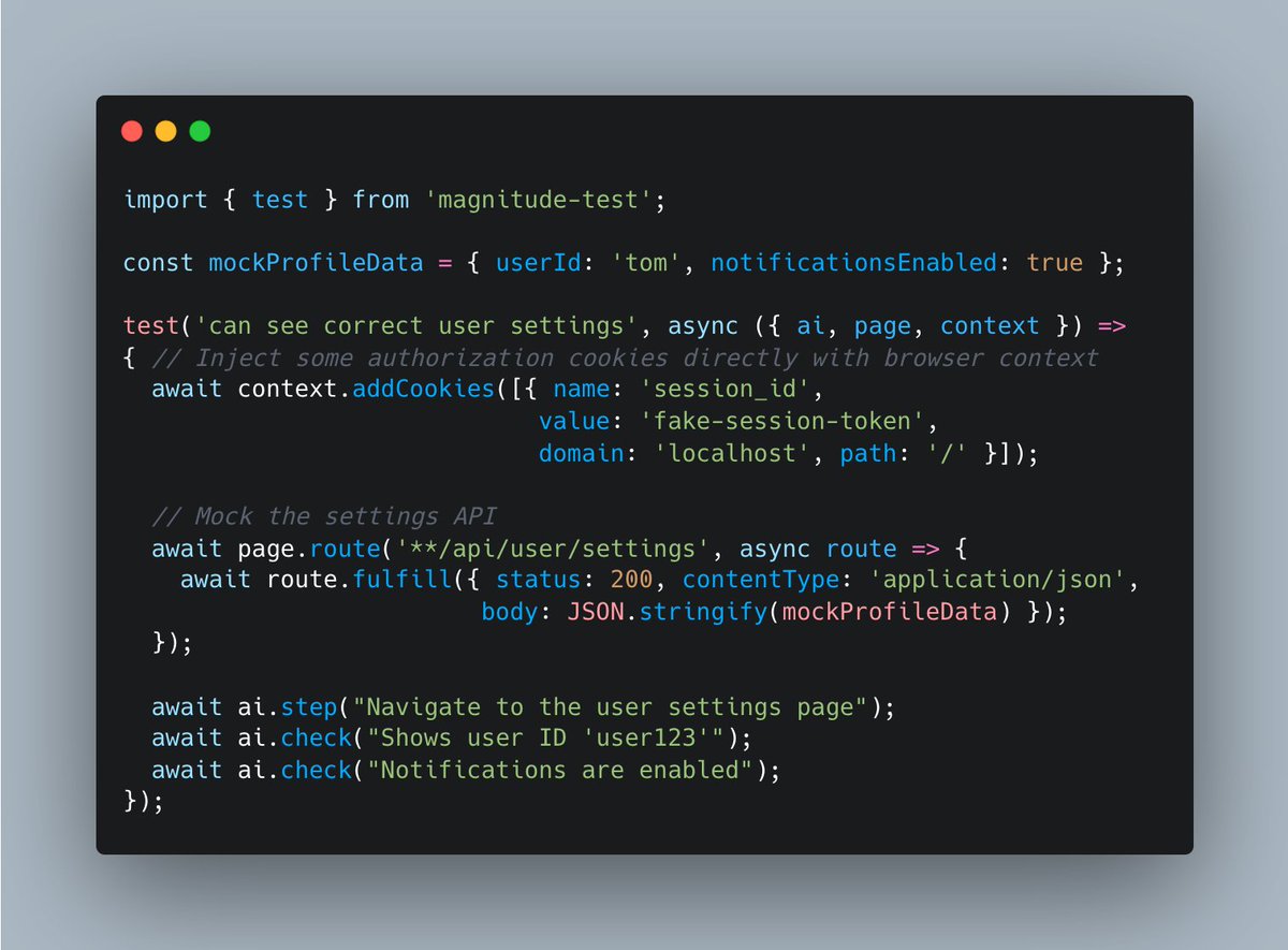 tgrnwld's tweet image. Introducing magnitude-test 0.1.0!
You can now mix Magnitude’s AI testing code with normal Playwright actions and other custom code.
This means you can easily:
✅ Make API calls
✅ Handle database seeding & cleanup
✅ Manage auth cookies
✅ Upload files
✅ Mock network requests…