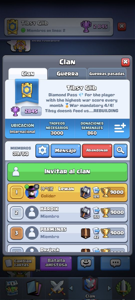 Estamos rehaciendo el clan!!
Pase de diamante para el mejor en guerra 💎
Llevamos un mes quedando en el último lugar pero hay que darlo todo e intentar revivir el clan 🫶🏻
