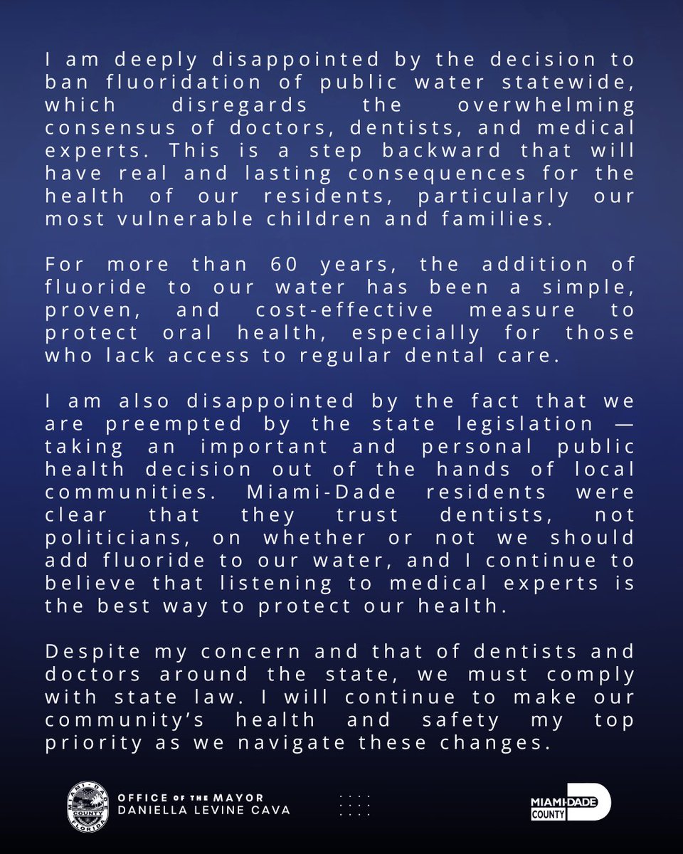 Today, Gov DeSantis announced he plans to sign into law SB700 which bans fluoridation of water systems statewide. I’m disappointed by this decision that will have real &amp; lasting consequences for the health of our residents, particularly our most vulnerable children &amp; families.