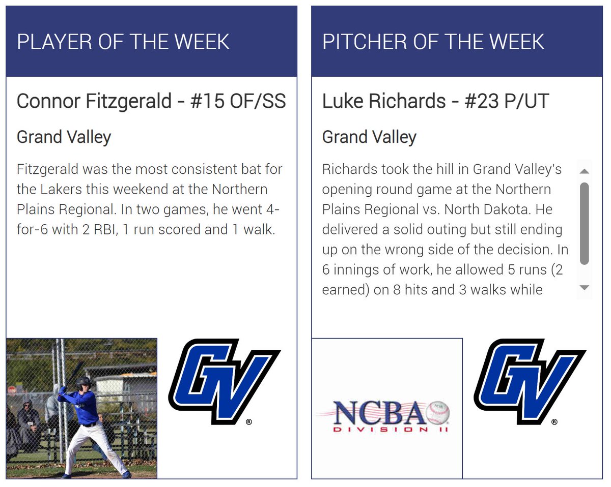NCBA Northern Plains (@ncba_northplain) on Twitter photo Congrats to our Week 23 Northern Plains - East Player (Connor Fitzgerald - <a href="/gvclubball/">Grand Valley Club Baseball</a>) and Pitcher (Luke Richards - <a href="/gvclubball/">Grand Valley Club Baseball</a>) of the Week‼️
#NCBA #RoadToAlton #NorthernPlains #NCBADIIWS Congrats to our Week 23 Northern Plains - East Player (Connor Fitzgerald - <a href="/gvclubball/">Grand Valley Club Baseball</a>) and Pitcher (Luke Richards - <a href="/gvclubball/">Grand Valley Club Baseball</a>) of the Week‼️
#NCBA #RoadToAlton #NorthernPlains #NCBADIIWS