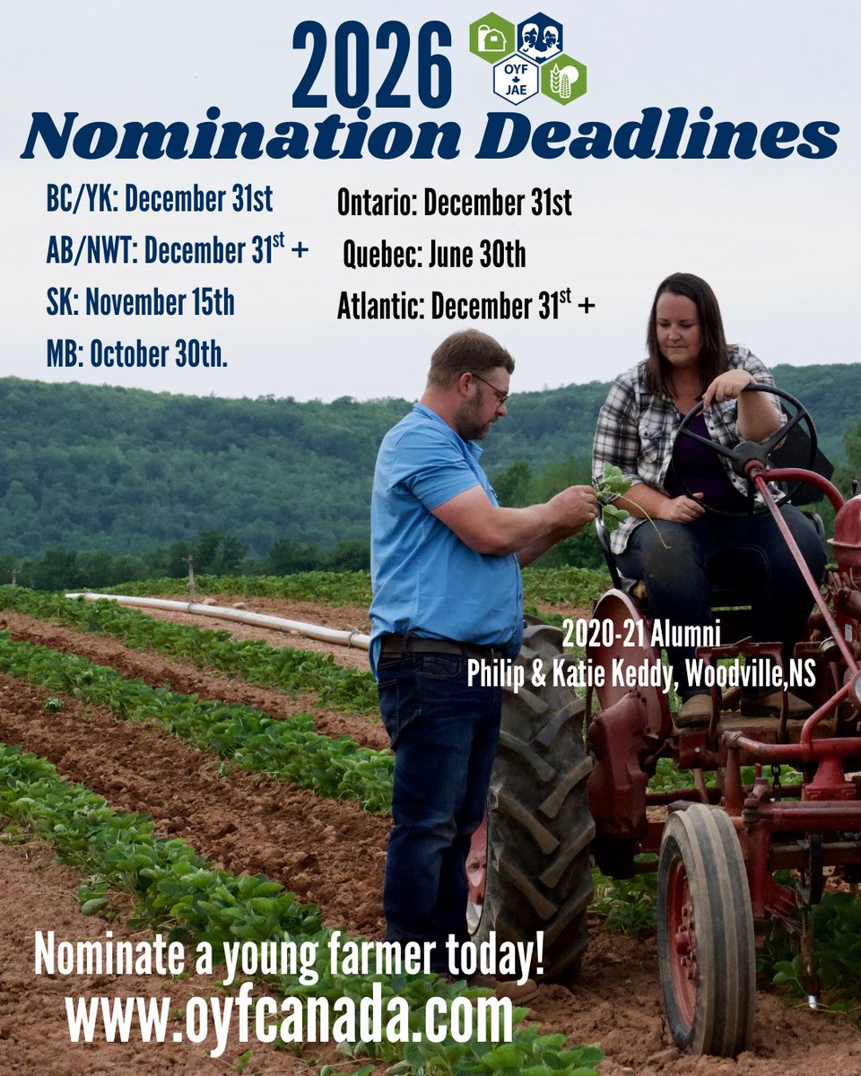 🌱 Know a young farmer making a difference in #CdnAg? Nominate them today 💪🚜

🗓 Check out the 2026 nomination deadlines by region and help spotlight the future of farming.
📍 20-21 alumni Philip &amp; Katie Keddy of Woodville, NS.
🔗 Learn more at oyfcanada.com