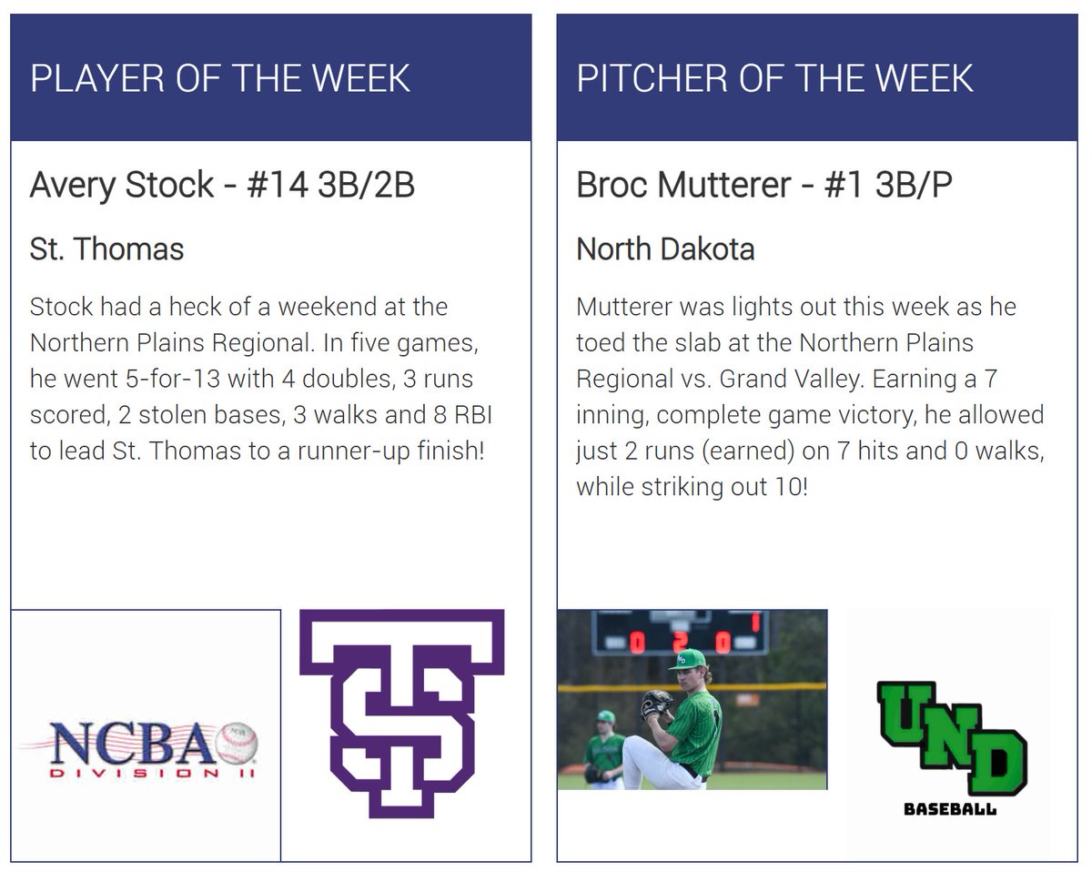 Congrats to our Week 23 Northern Plains - West Player (Avery Stock - <a href="/ClubBaseballUST/">UST Club Baseball</a>) and Pitcher (Broc Mutterer - <a href="/undclubbaseball/">UND Club Baseball</a>) of the Week‼️

#NCBA #RoadToAlton #NorthernPlains #NCBADIIWS