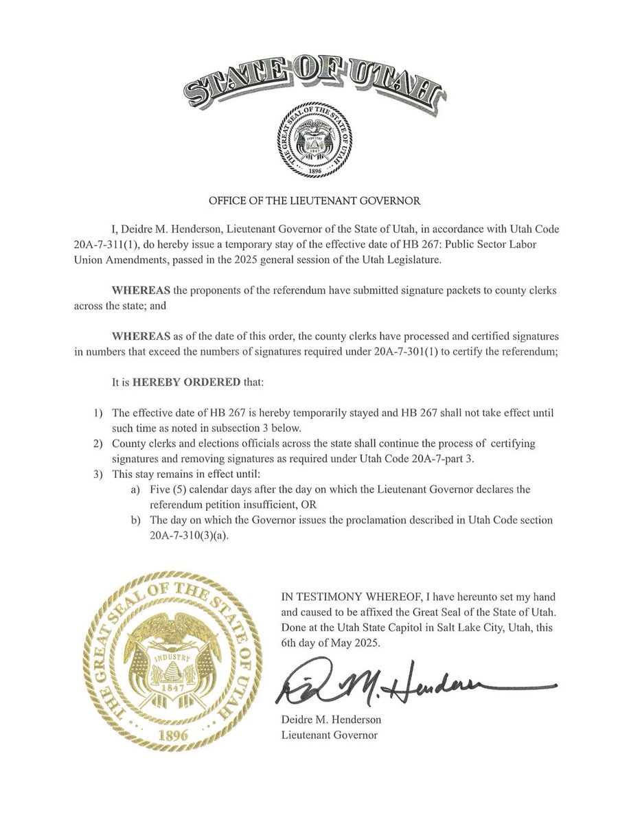 LindsayOnAir's tweet photo. #BREAKING: @LGHendersonUtah's office has officially PAUSED H.B. 267 -- the ban on public labor union collective bargaining while they validate more signatures. @abc4utah #utpol https://t.co/sk79pWCPtm