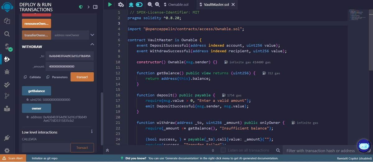 Omotola Jinadu (@judeen_official) on Twitter photo Day 11 - 30 days of solidity with <a href="/the_web3compass/">Web3Compass</a> and <a href="/audaciousSneha/">AudaciousSneha.eth</a>
Today, I worked on a VaultMaster contract! 🔐
Started with a custom onlyOwner modifier inherited from another contract — but soon swapped it out for the battle-tested Ownable from <a href="/OpenZeppelin/">OpenZeppelin</a> Day 11 - 30 days of solidity with <a href="/the_web3compass/">Web3Compass</a> and <a href="/audaciousSneha/">AudaciousSneha.eth</a>
Today, I worked on a VaultMaster contract! 🔐
Started with a custom onlyOwner modifier inherited from another contract — but soon swapped it out for the battle-tested Ownable from <a href="/OpenZeppelin/">OpenZeppelin</a>