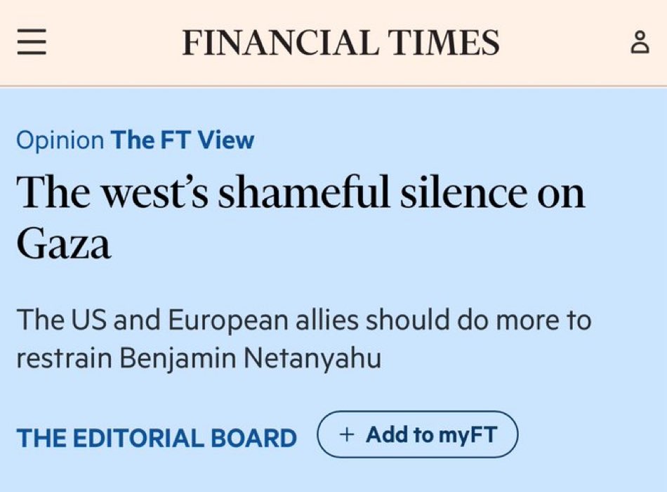 When the FT is saying this you know the world has failed its most basic moral and legal obligations to Palestinians long ago.

The EU/UK and US allowed this.

Any other nation on earth would have been first sanctioned and secondly invaded long ago if they behaved like Israel.