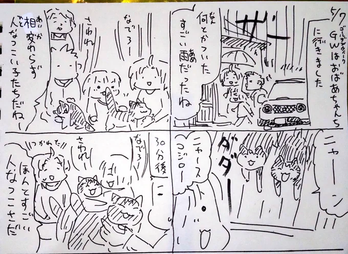 #本日のむすめさん
おばあちゃんちの猫たちと触れ合ってきました。相当な人好き猫たちで近寄ってきてくれます。四六時中撫でろ触れで猫充してきました。むすめさんもご満悦。
しかしこの人懐こさで17才なんですよねえ。長生きしてね! 