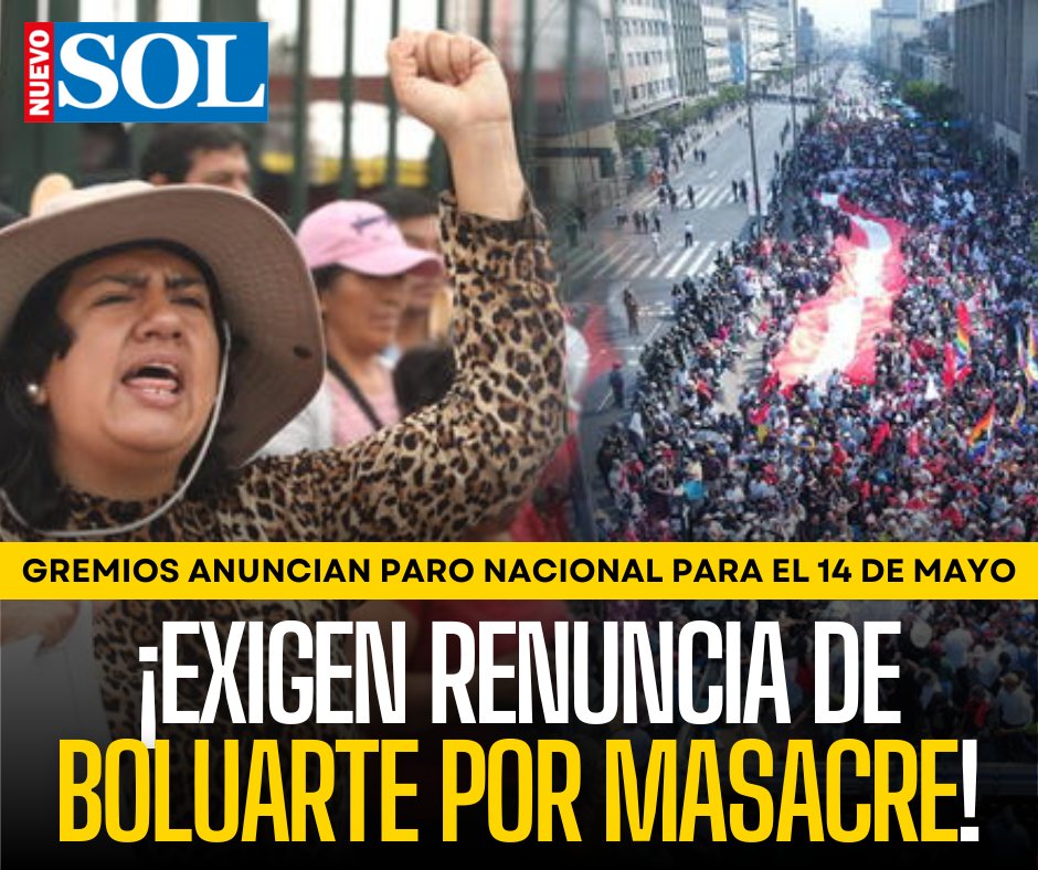 ¡PARO NACIONAL EL 14 DE MAYO! GREMIOS EXIGEN RENUNCIA DE DINA BOLUARTE POR MASACRE EN PATAZ
Líderes del transporte y sectores sociales llaman a una paralización cívica contra “el desgobierno, la inseguridad y la impunidad”