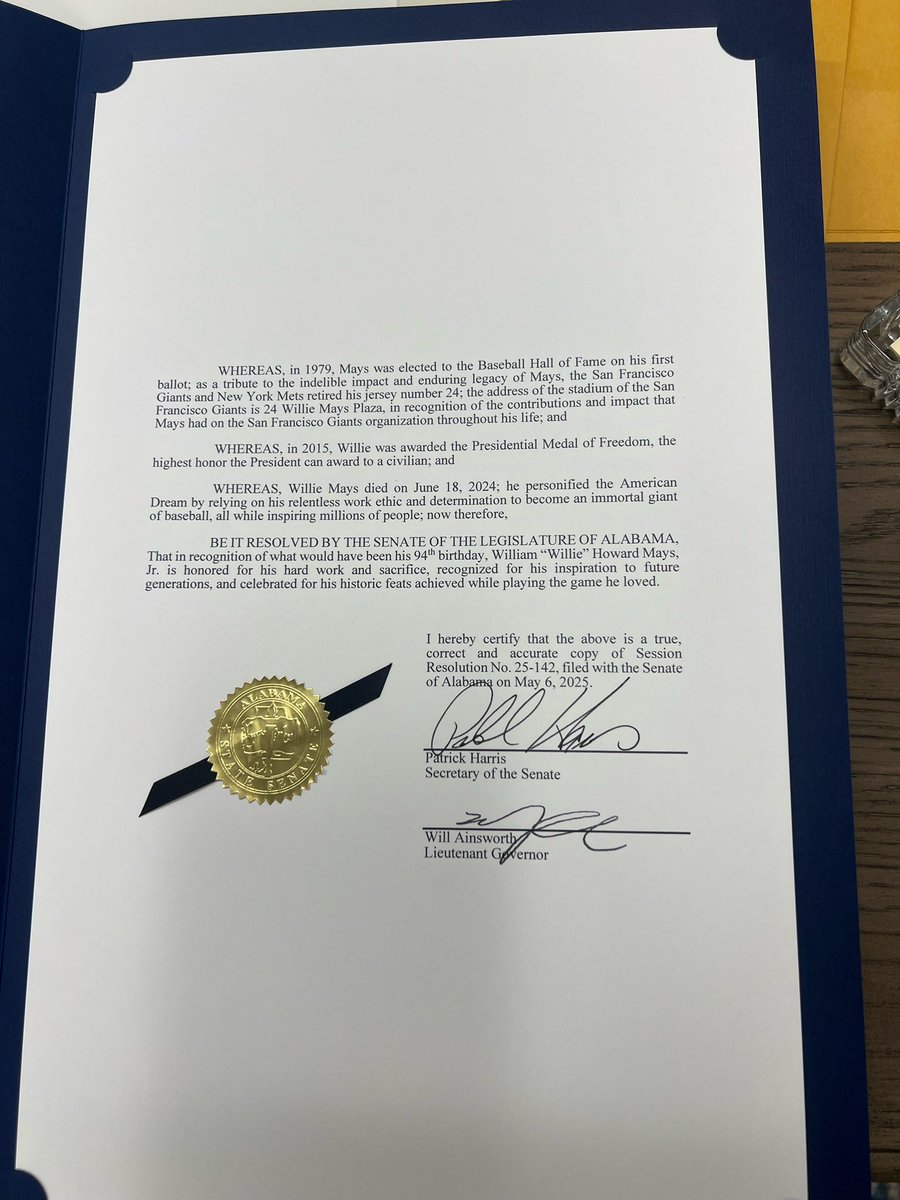 Today, I proudly passed a resolution in the AL Senate honoring what would have been the 94th bday of Willie Mays a legend from Fairfield, AL, in Sen. Dist. 19. His legacy continues to inspire. Happy Heavenly Bday to “The Say Hey Kid.” #WillieMays <a href="/MLB/">MLB</a> <a href="/MLBNetwork/">MLB Network</a>