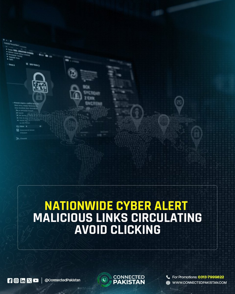 ConnectedPak's tweet image. 🚨 RED ALERT: Pakistan is currently under a massive cyber attack. DO NOT click on any unknown or suspicious links being circulated online. Stay alert. Protect your data. 

#ConnectedPakistan #CyberAttack #PakistanAlert #OnlineSafety #CyberSecurity #RedAlert