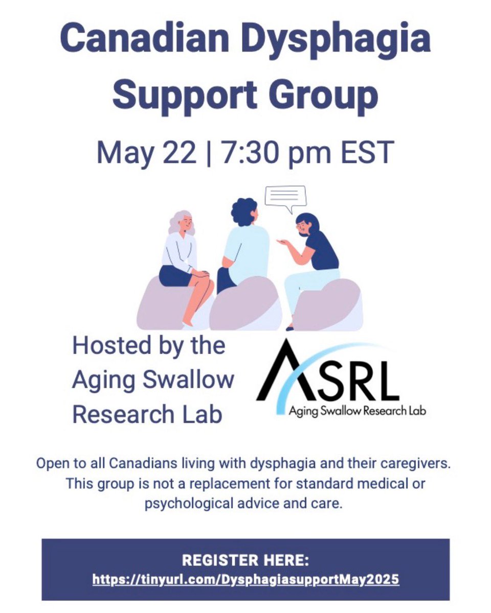 The ASRL will be hosting another virtual Canadian Dysphagia Support Group for adults with dysphagia and their caregivers on Thursday, May 22nd at 7:30 PM EST. Those interested can register by visiting the link in our bio or by visiting tinyurl.com/Dysphagiasuppo…