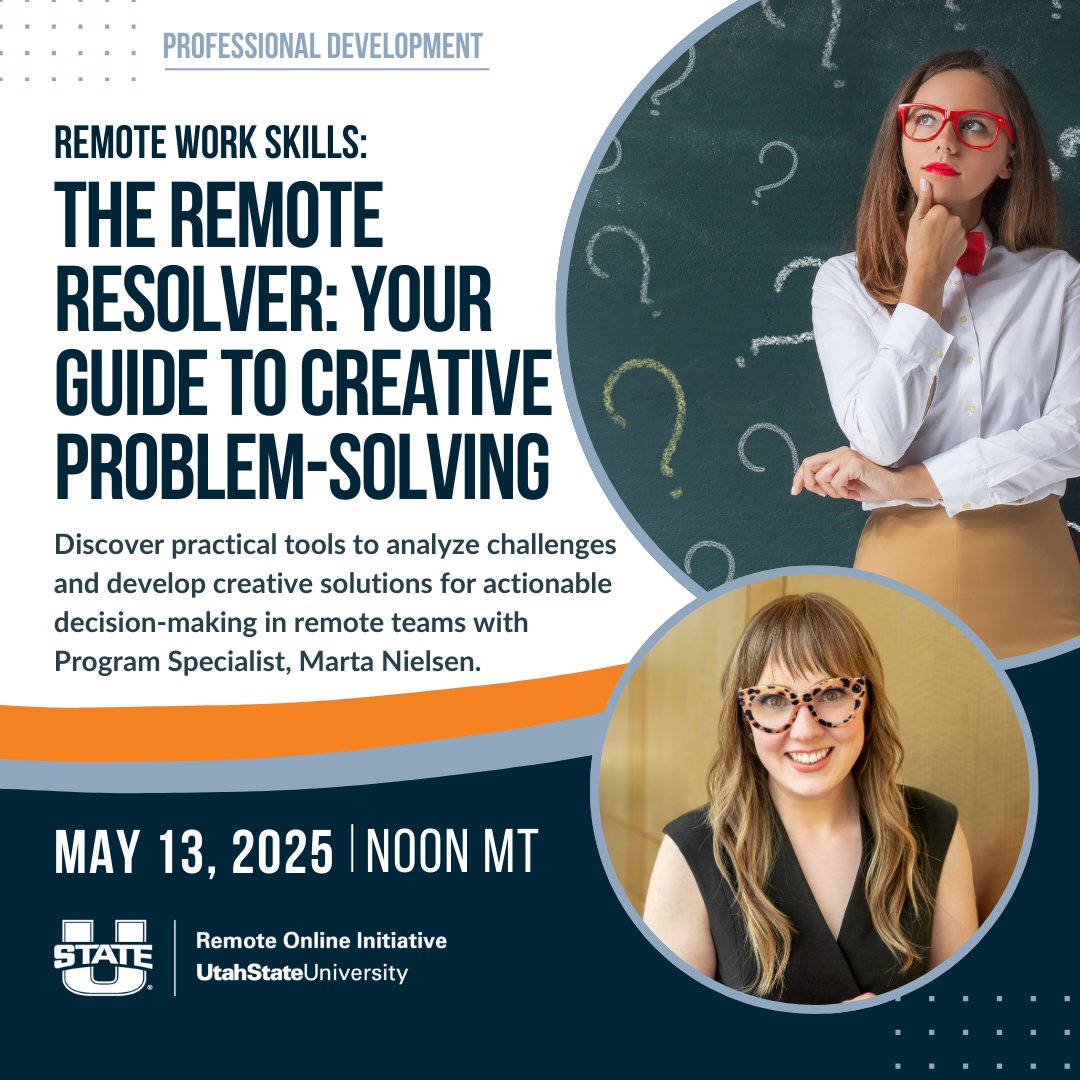 RemoteWorkUSU's tweet image. When working remotely, you will be solving a wide range of problems. Taking all of that on without a roadmap is scary! We are here to help! Come to our remote workshop on May 13th at Noon Mountain Standard! Sign up here to tackle your remote problems: zurl.co/CwmlL
