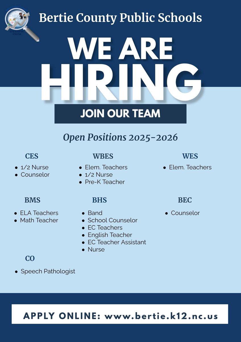 Come and join us! We need talented individuals to help us to continue #BuildingABetterBertie <a href="/ncsupers/">Jack Hoke</a> 
<a href="/castickney/">Dr. Catherine A. Stickney</a> <a href="/seh0818/">Steven E. Howard</a> <a href="/bulluckl/">Linda Bulluck</a> <a href="/BCoSchools/">Bertie Co. Schools</a>