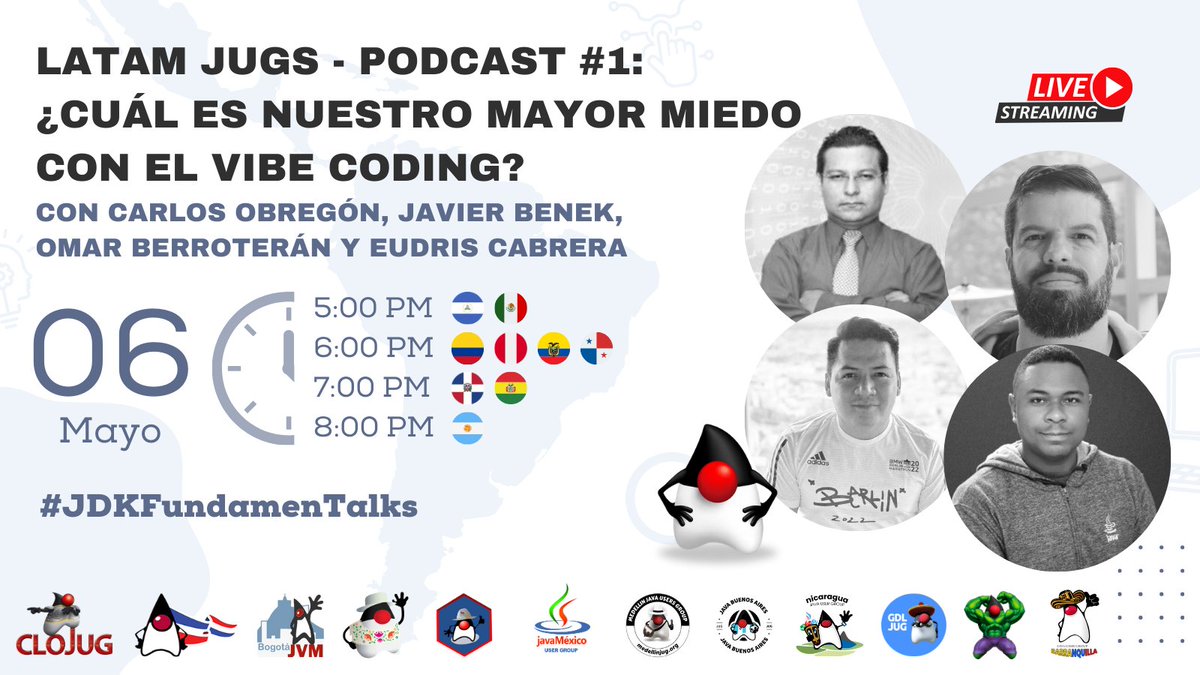 jugnicaragua's tweet photo. Hoy tenemos #JDKFundamentalks  
Tema: Miedo al Coding vibe  

Conéctate en vivo
https://t.co/2hVZbWXjIV

Horarios:  5:00 PM #centroamerica  
7:00 PM #RepublicaDominicana  
8:00 PM #Argentina  
#JavaLatinoamérica #jugEvents #javaLATAM #javaHispano https://t.co/SnnwrpVkTT