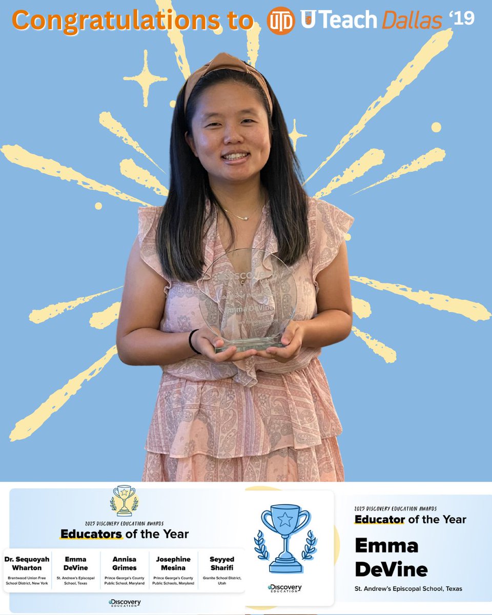 UTeach Dallas (@uteachdallas) on Twitter photo Congratulations to Emma DeVine, UTeach Dallas '19, chosen as one of the Discovery Education National Educators of the Year Award for 2025!! We are so proud of you! You continue to shine!
Learn more at discoveryeducation.com/blog/de-news/d…
<a href="/DiscoveryEd/">Discovery Education</a>
#uteachnation #utdalumni #utd Congratulations to Emma DeVine, UTeach Dallas '19, chosen as one of the Discovery Education National Educators of the Year Award for 2025!! We are so proud of you! You continue to shine!
Learn more at discoveryeducation.com/blog/de-news/d…
<a href="/DiscoveryEd/">Discovery Education</a>
#uteachnation #utdalumni #utd