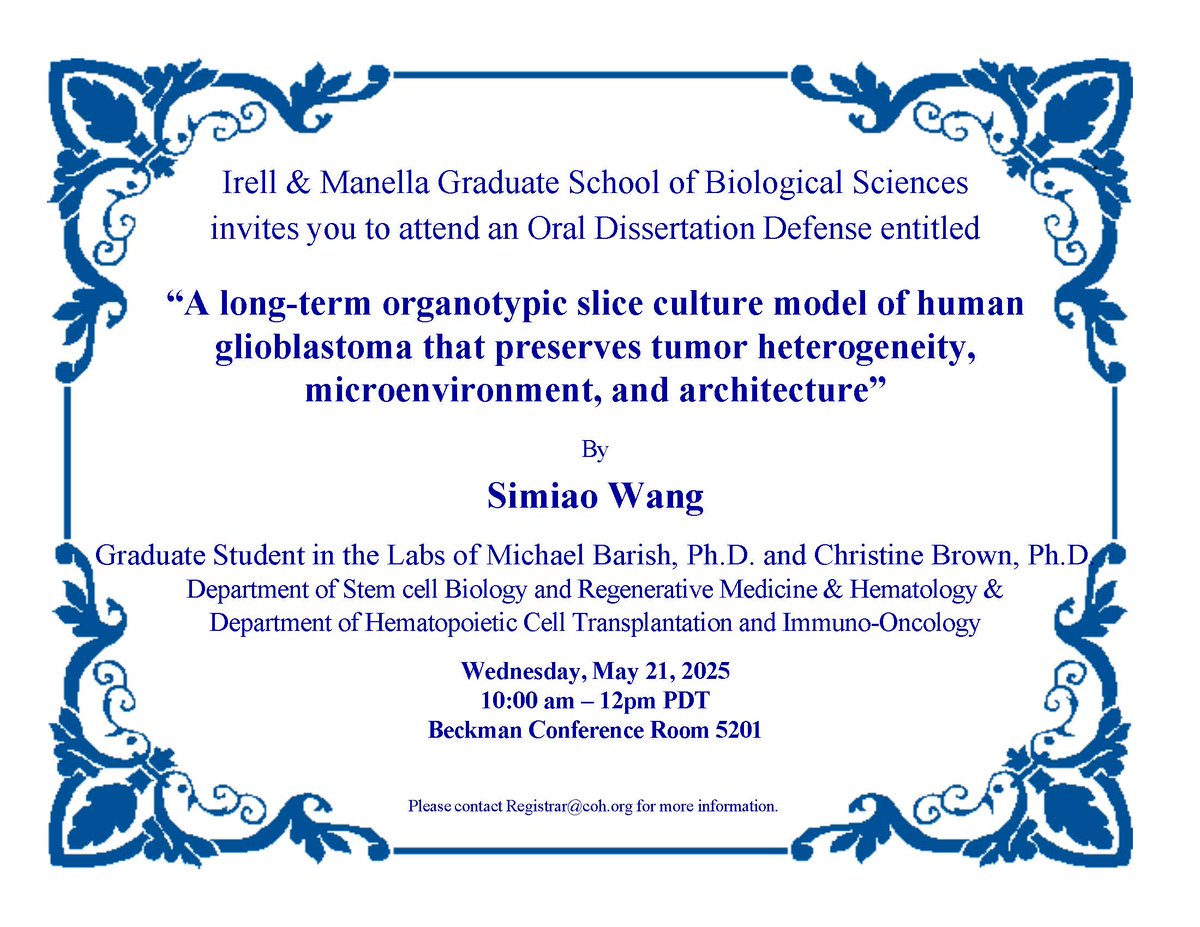 Congratulations to Simiao Wang as she prepares to defend her dissertation "A long-term organotypic slice culture model of human glioblastoma that preserves tumor heterogeneity, microenviroment, and architecture" on May 21st at 10 am.  IMGS is so excited for you!! <a href="/cityofhopeedu/">City of Hope Prof Ed: Ph.D. & Master Programs</a>