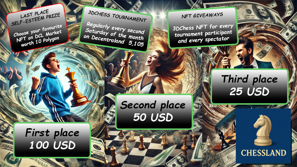 ChessLand Chess Tournament
Saturday May 10 (2nd Sat of the month) at 6:15 PM UTC
Prizes:   1st place $100, 2nd place $50, 3rd place $25. 
Instructions: docs.google.com/document/d/1Wl…
Registration: docs.google.com/forms/d/e/1FAI… 
Please register ASAP  if you wish to play in the tournament.