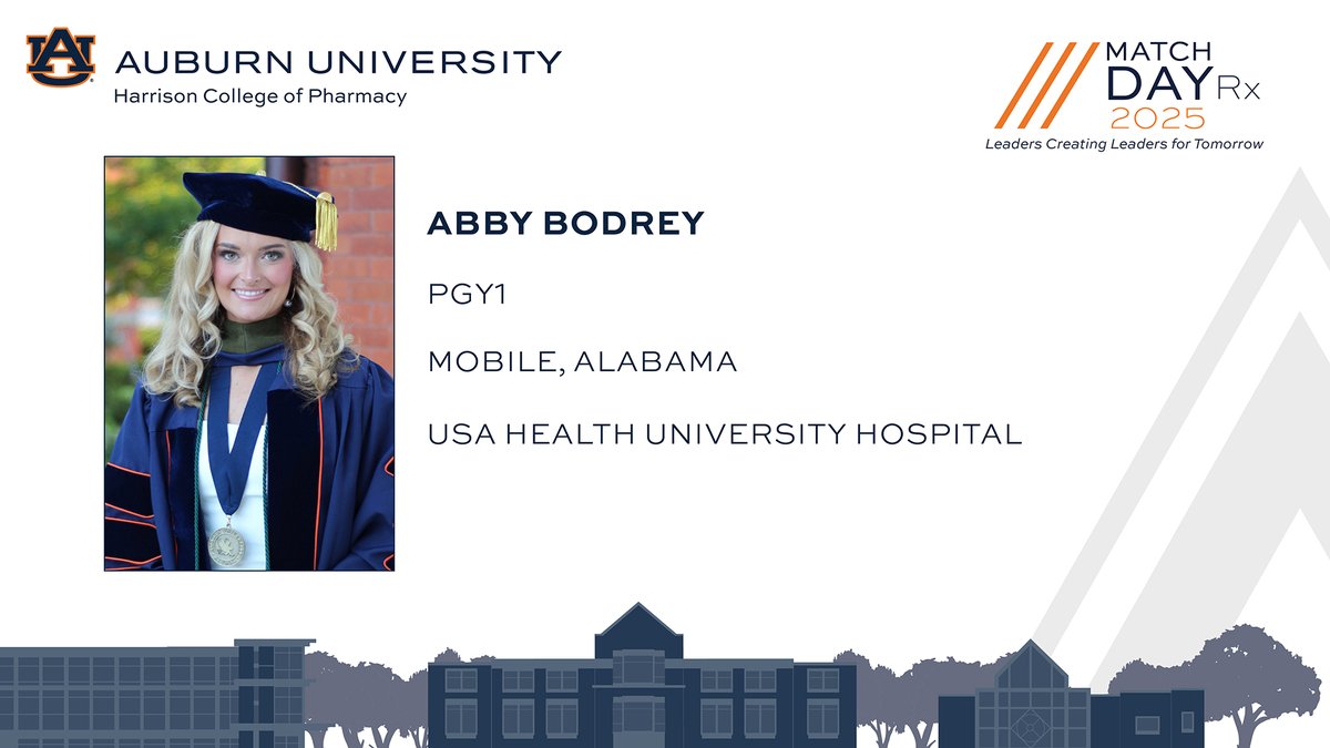 auhcop's tweet photo. Congratulations to Abby Bodrey on accepting a PGY1 residency with USA Health University Hospital in Mobile, Alabama!  

#WarEagle | #AUPharmD | #CaringForAlabama https://t.co/hU9mPjRg9s