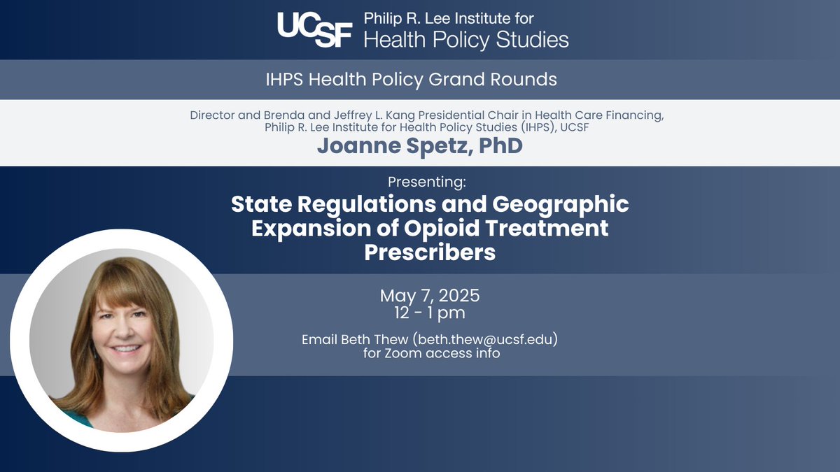 UCSF IHPS (@ucsf_ihps) on Twitter photo Please join us virtually tomorrow, May 7, from 12:00 PM to 1:00 PM for our IHPS Health Policy Grand Rounds with <a href="/JoanneSpetz/">Joanne Spetz</a>. Please join us virtually tomorrow, May 7, from 12:00 PM to 1:00 PM for our IHPS Health Policy Grand Rounds with <a href="/JoanneSpetz/">Joanne Spetz</a>.