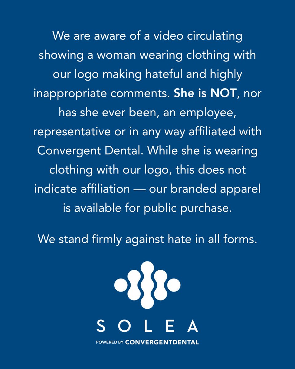 SoleaSleep's tweet photo. We are aware of a video showing a woman wearing clothing with our logo making hateful and highly inappropriate comments. She is NOT, nor has she ever been, an employee, representative or affiliated with Convergent Dental. 

We stand firmly against hate in all forms. https://t.co/uGO7jj9AVm