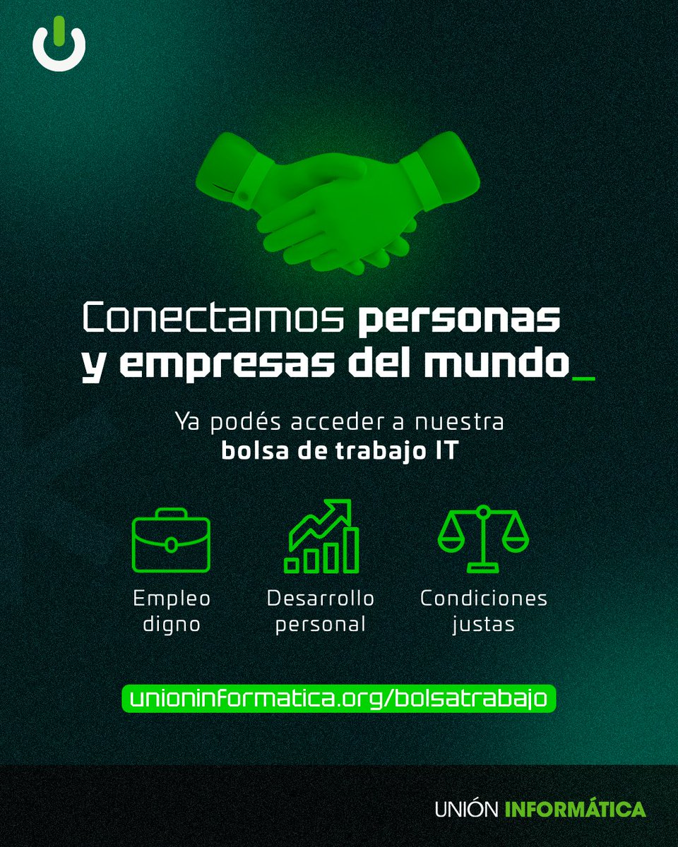 unioninf's tweet photo. 🚨 ¡Lanzamos la Bolsa de Trabajo IT de Unión Informática!
Conectamos personas y empresas del sector tecnológico para generar empleo digno, desarrollo profesional y condiciones justas.
🔗 Accedé ahora: https://t.co/vqu0mb4OJm
#EmpleoIT #TrabajoDigno #UnionInformática #TalentoTech
