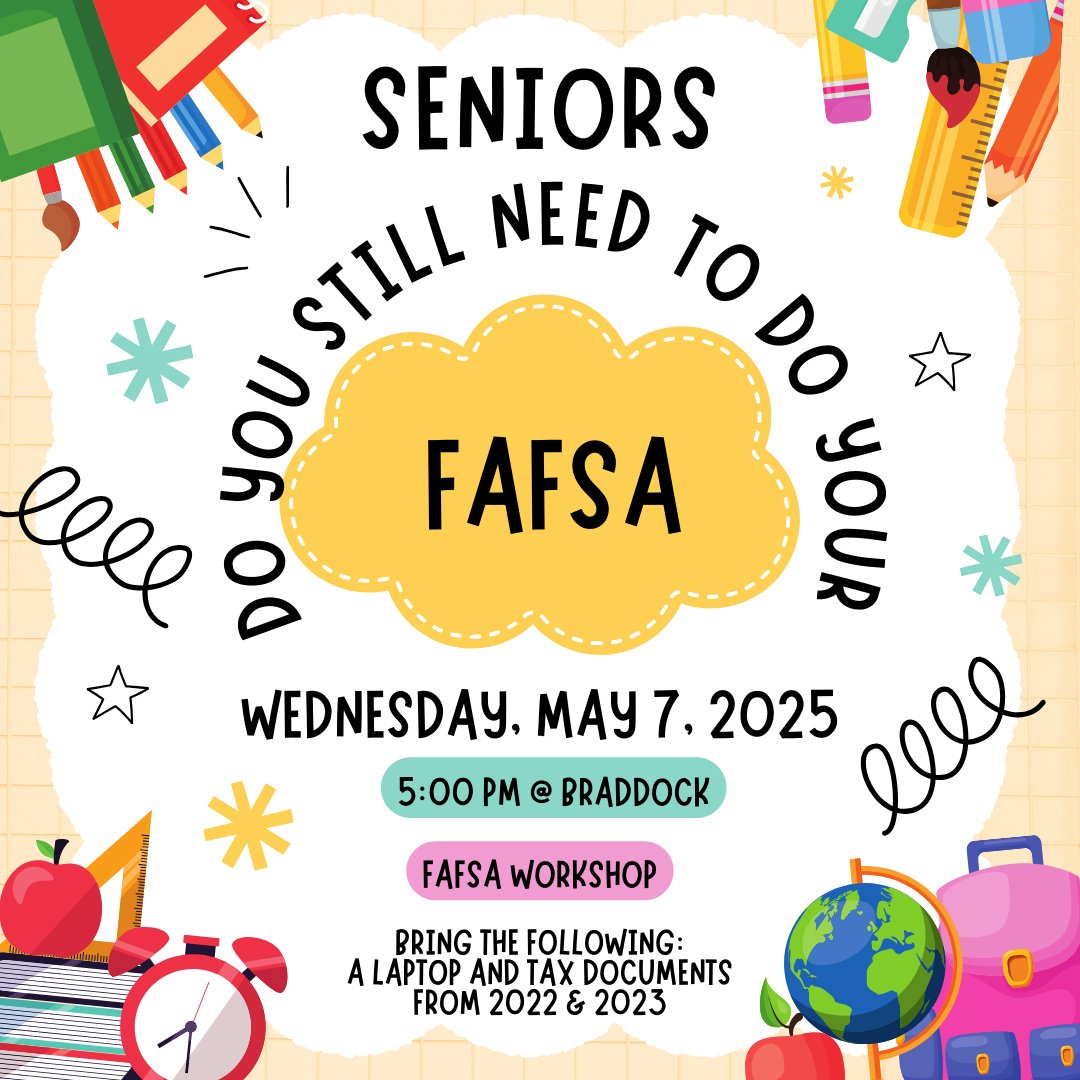 G. Holmes Braddock Senior High School (@braddockbulldog) on Twitter photo 🚨 Seniors! Need help with FAFSA? Join our FAFSA Night tomorrow, May 7th, at 5 PM with Mrs. Scheckner. Bring your laptops & tax docs—let’s finish those applications! 🎓✨ <a href="/SuptDotres/">Jose L. Dotres, Ed.D.</a> <a href="/MDCPS/">Miami-Dade Schools</a> <a href="/MDCPSSouth/">South Region Office</a> #YourBestChoiceMDCPS #Braddock #MakeItBraddock #BulldogNation #PawsUp 🐾 🚨 Seniors! Need help with FAFSA? Join our FAFSA Night tomorrow, May 7th, at 5 PM with Mrs. Scheckner. Bring your laptops & tax docs—let’s finish those applications! 🎓✨ <a href="/SuptDotres/">Jose L. Dotres, Ed.D.</a> <a href="/MDCPS/">Miami-Dade Schools</a> <a href="/MDCPSSouth/">South Region Office</a> #YourBestChoiceMDCPS #Braddock #MakeItBraddock #BulldogNation #PawsUp 🐾