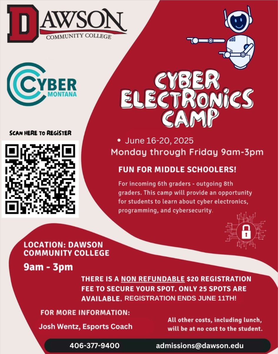 🎮🔌 Cyber Electronics Camp is back!
📅 June 16–20 | 🕘 9 AM – 3 PM
📍 Dawson Community College
A week of hands-on fun for middle schoolers—designed for incoming 6th to outgoing 8th graders! 
✅ Only 25 spots available – don’t miss out!
🗓️ Register by June 11th
📲 Register now!