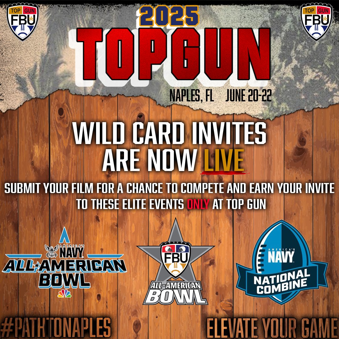 🚨𝑾𝑰𝑳𝑫𝑪𝑨𝑹𝑫 𝑰𝑵𝑽𝑰𝑻𝑬𝑺 𝑨𝑹𝑬 𝑳𝑰𝑽𝑬 🚨

Submit film 👇 for YOUR chance to 🥊🎟️to the biggest 🏈showcase of the summer only at TOP GUN🌴👀

footballuniversity.org/2025-fbu-top-g…

<a href="/Battle/">Battle Sports</a> 
<a href="/PCSCNaples/">Paradise Coast Sports Complex</a> 
<a href="/ParadiseCoast/">Florida's Paradise Coast</a> 
<a href="/Gatorade/">Gatorade</a>