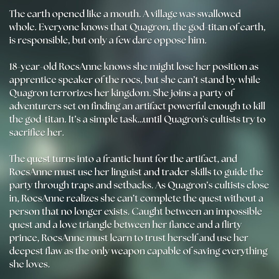 The Apprentice Speaker #YA 
⚔️Feminine rage 
🧡Slow-burn strangers -> lovers 
💪She saves the men
🥰Found family, self-identity  
👀D&amp;D style creatures

12 partials, 2 full requests and counting. ❤️

#agentsguide #questpit #f #Q #litagents