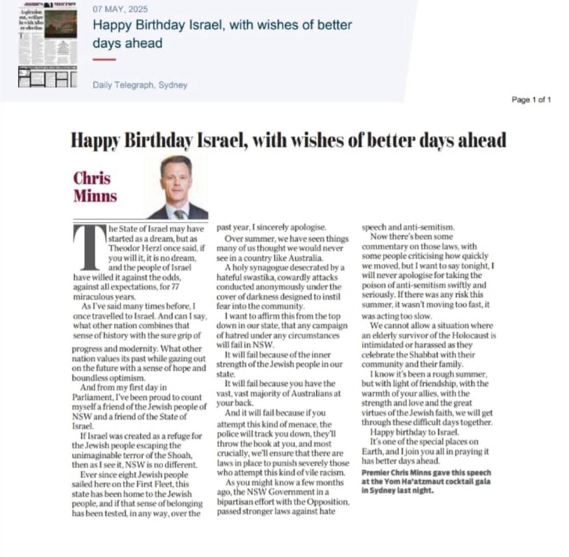 “77 miraculous years”. 
This is how the NSW Premier describes the apartheid regime bombing and starving kids in open genocide.