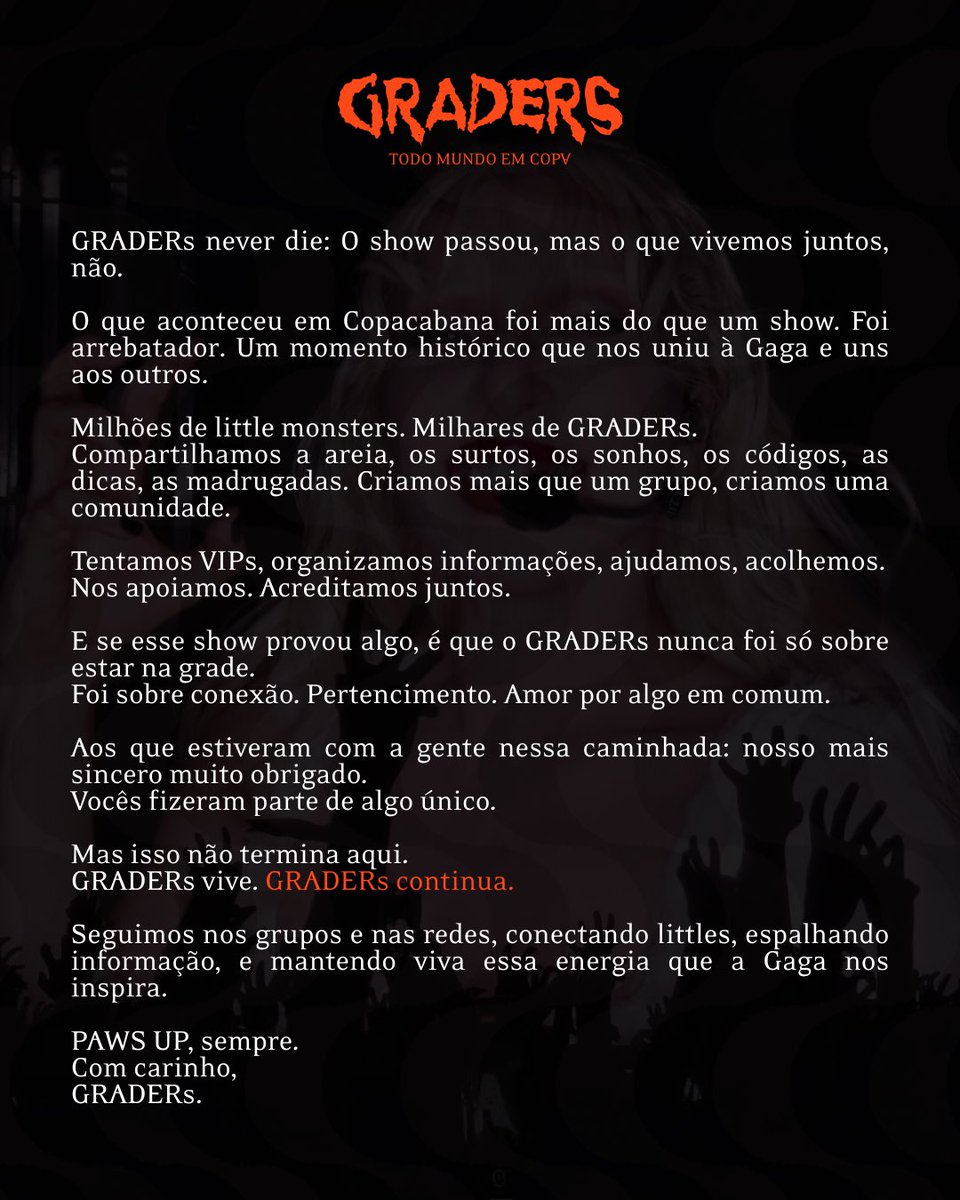 GRADERs never die.

Seguimos nos grupos e nas redes, conectando littles, espalhando informação, e mantendo viva essa energia que a Gaga nos inspira.

PAWS UP, sempre.
Com carinho,
GRADERs.