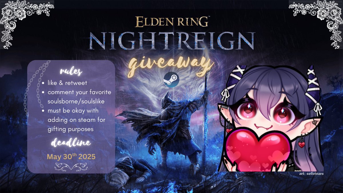 baehiino's tweet image. Again, thank you guys so much for the support of 2K on Twitch! As a thanks to the souls community, I am giving away (1) digital steam copy for Nightreign! 

Rules
♡ like &amp;amp; RT
♡ comment your fave soulsborne or soulslike game! 

Giveaway ends on May 30th! 𐙚 ‧₊˚ ⋅